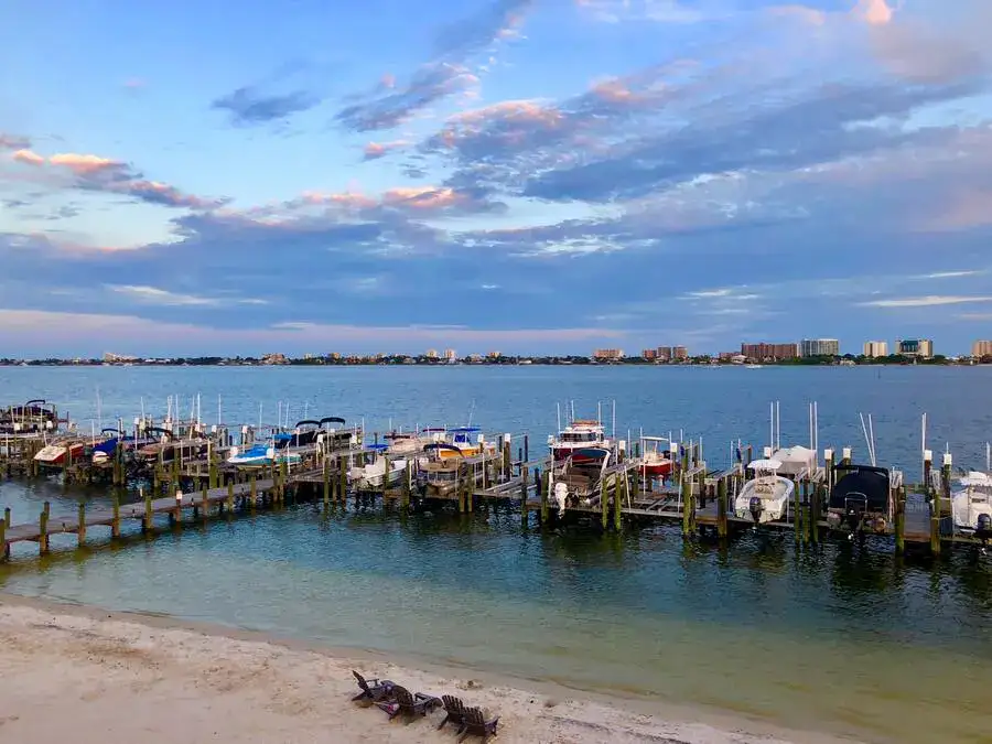 Boats on a wooden jetty on the Alabama Gulf Coast.