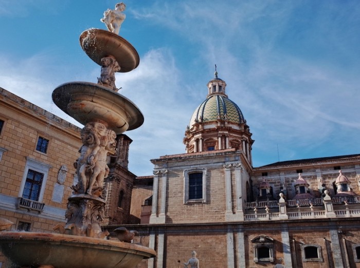 View of San Giuseppe dei Teatini dome from Piazza Pretoria, Palermo.