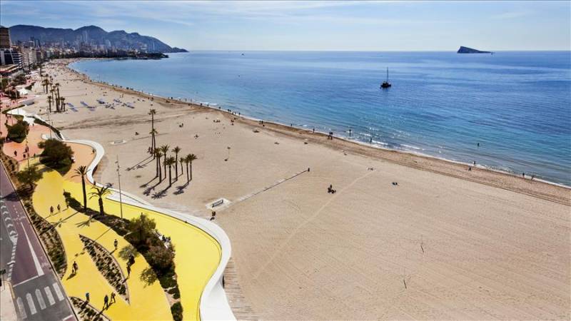 Benidorm Poniente Beach in Costa Blanca, Spain.