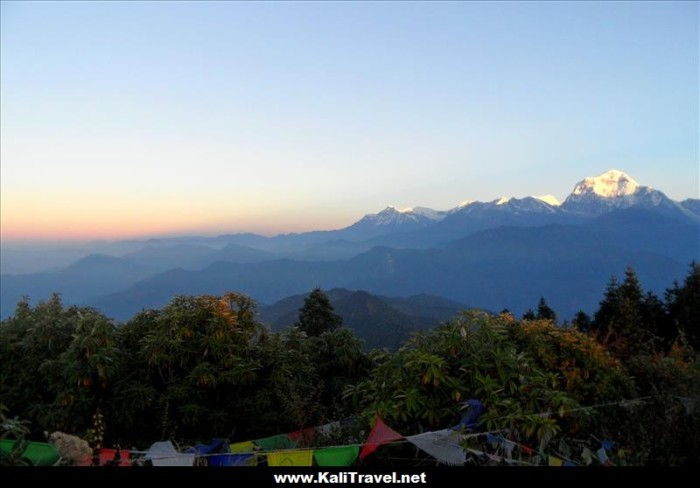 Himalayan peak seen from Poon Hill at sunrise in Nepal.