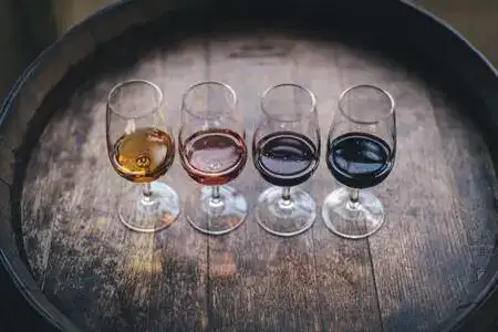 4 glasses of different coloured port on a wine tasting tour of Porto.