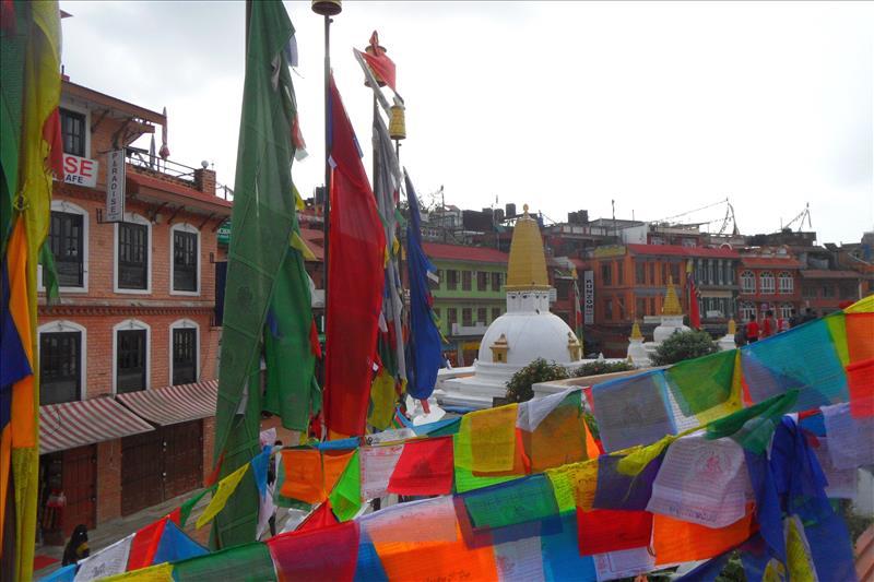  Coloured Buddhist prayer flags at Boudhanath Stupa in Kathmandu, Nepal.