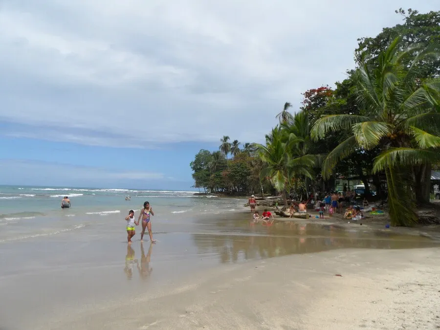 Playa de arena fina con palmeras al orillas del Mar Caribe en Costa Rica.