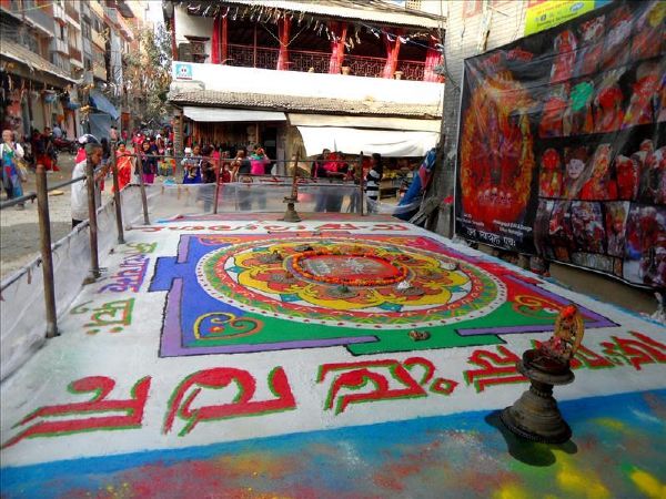 Rangoli design in the streets of Kathmandu during the Diwali festival.