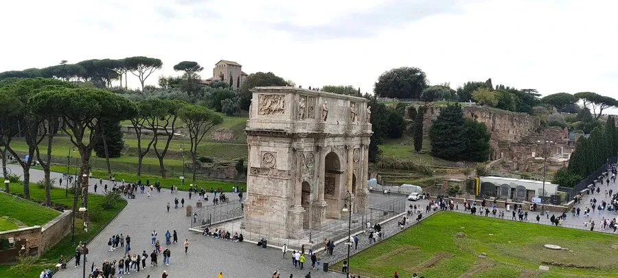 The Arch of Constantine seen from the Colosseum in Rome.