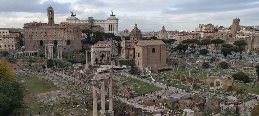 Panoramic view over the ancient ruins of the Roman Forum in Rome.