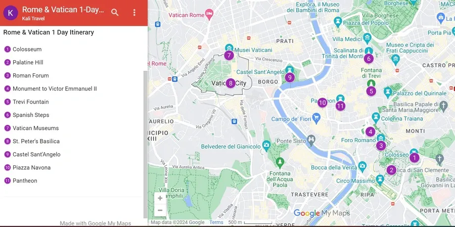 Google Map of my 1-day Rome and Vatican itinerary.