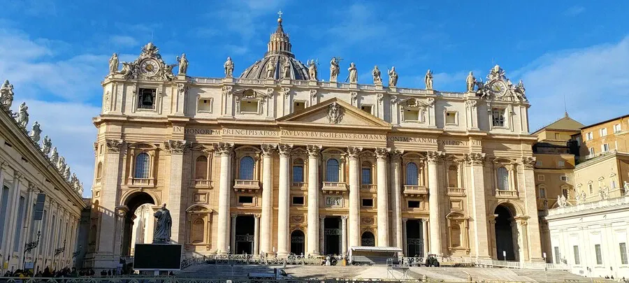 St. Peter's Basilica in the Vatican on a sunny day in Rome.