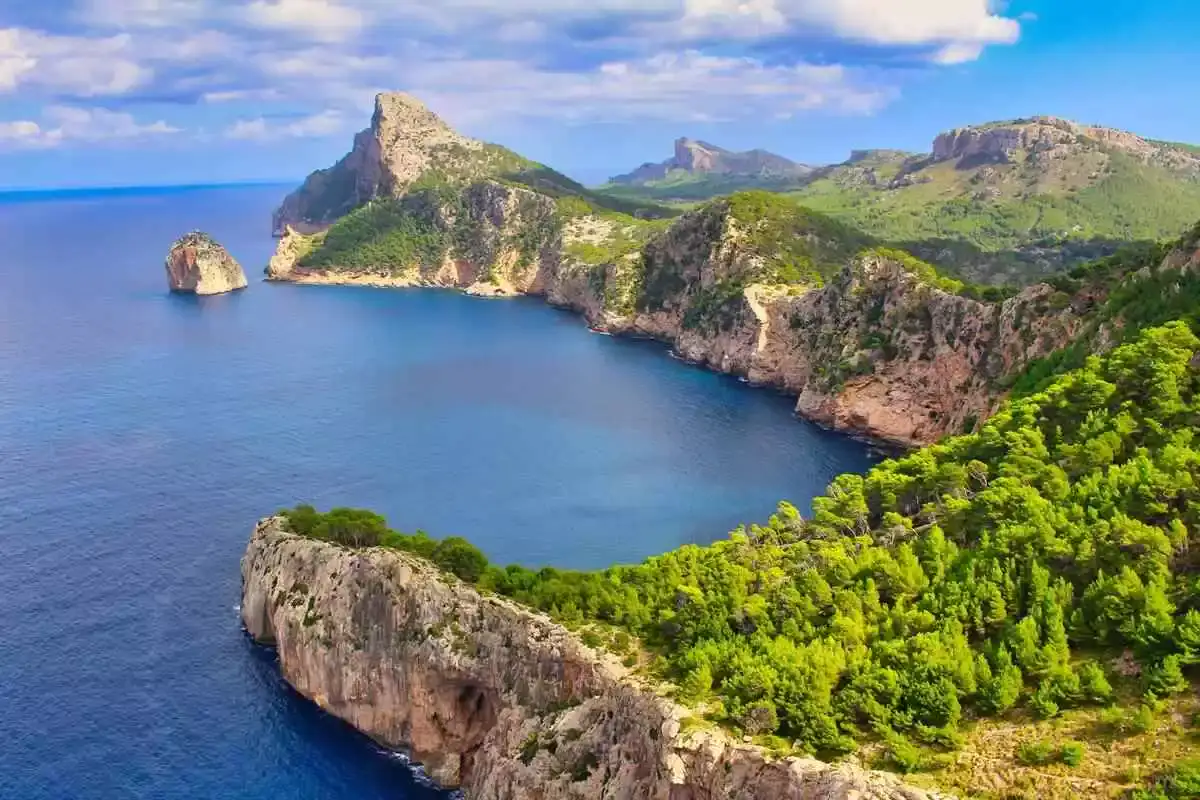 Rugged Mallorcan coastline with pines and steep cliffs by the sea. 