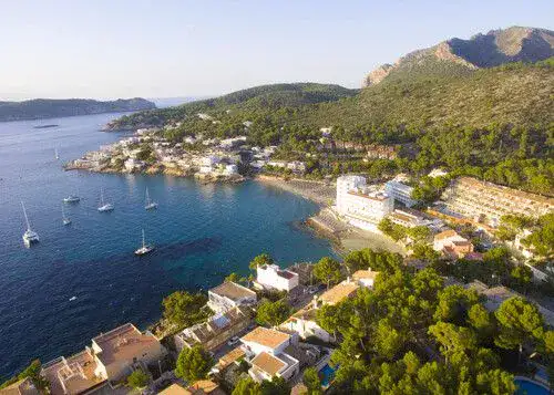 Sailing boats in the sea by cove with Mediterranean pine trees and houses.