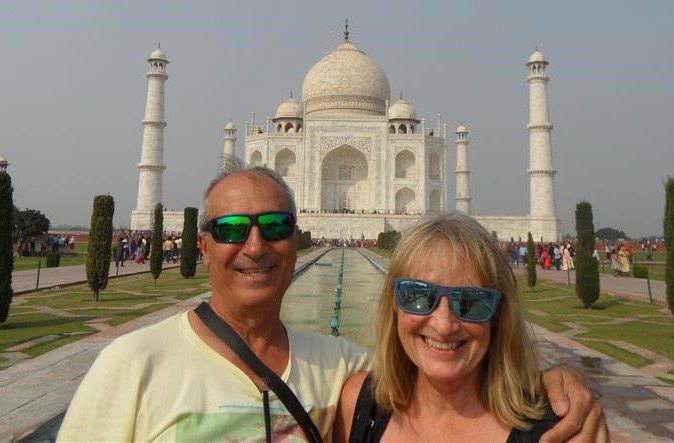 Author Kali Marco with and husband Juan at the Taj Mahal, on their travels around India.