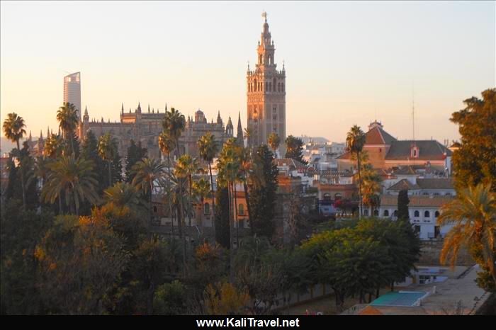Sunset over Seville skyline with views to the cathedral and tower.