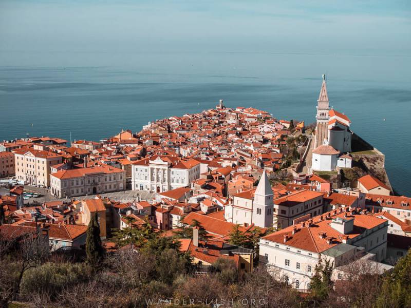 View over Piran old town with the sea in the background, Slovenia.