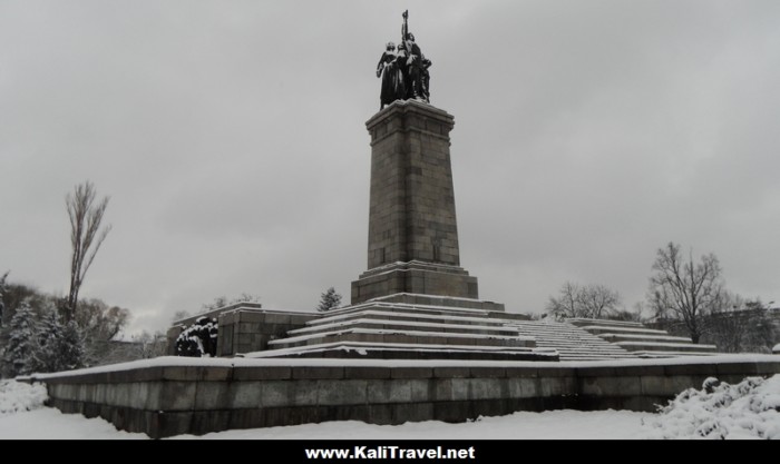 Snow covers the Monument to the Soviet Army in Knyazheska Garden, Sofia