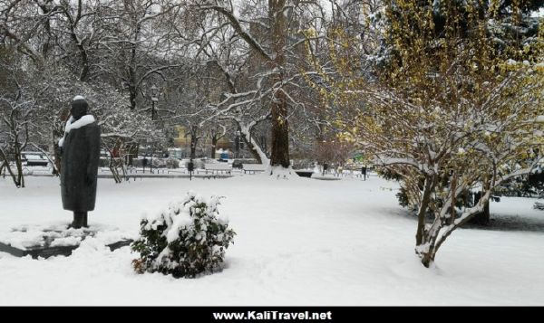 Snow on a statue in the park by St Alexander Nevski Cathedral, Sofia