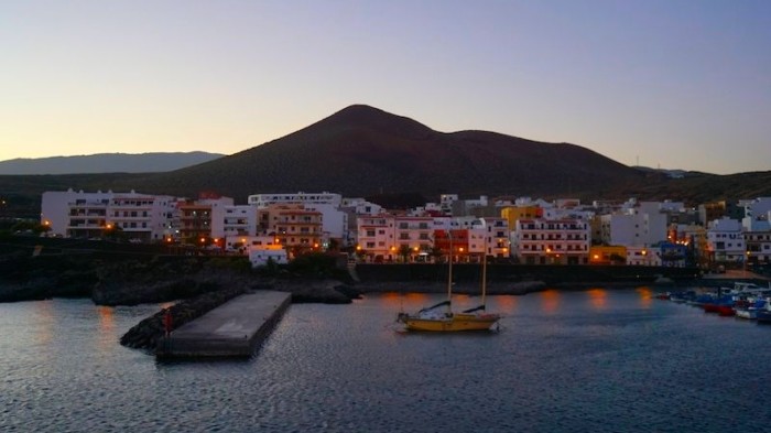View of La Restinga harbour and village at sunset, El Hierro.