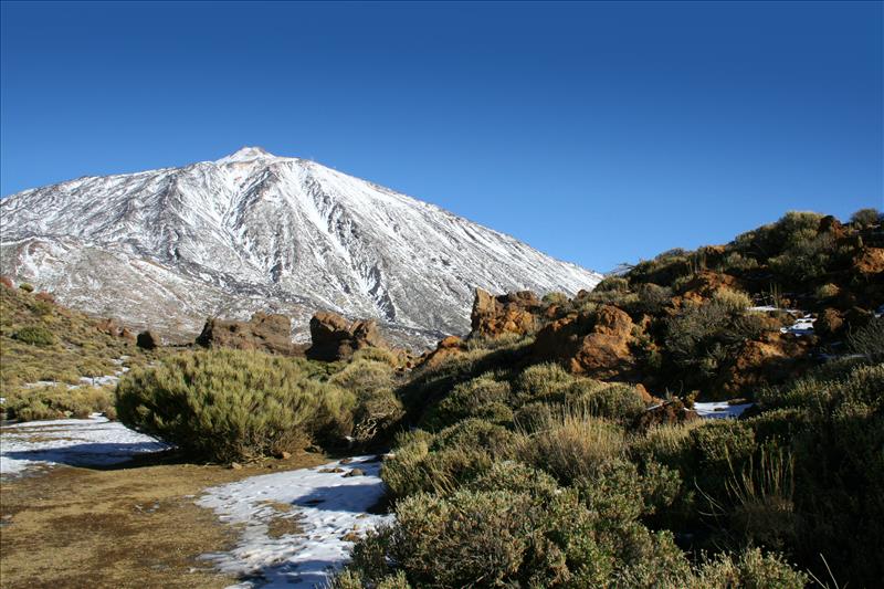 Teide National Park with snow on the volcano peak, Tenerife.