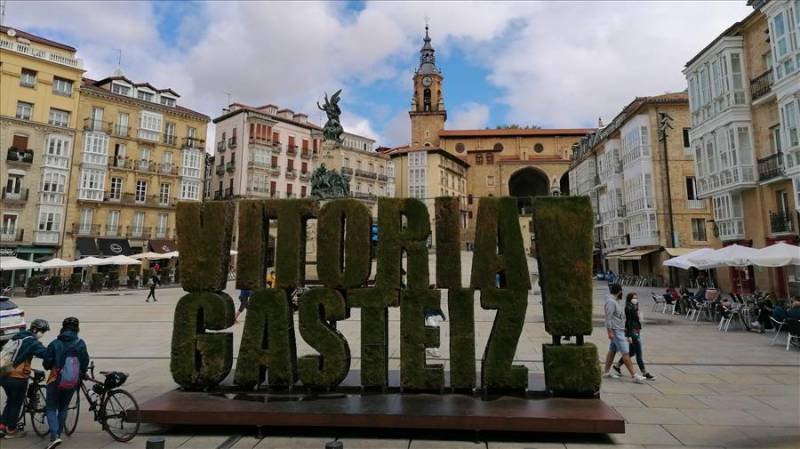 Vitoria-Gasteiz grass sign in La Virgen Blanca Square, Spain