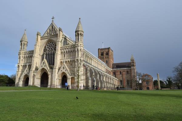 Front and side view of St Albans Cathedral near London, UK.
