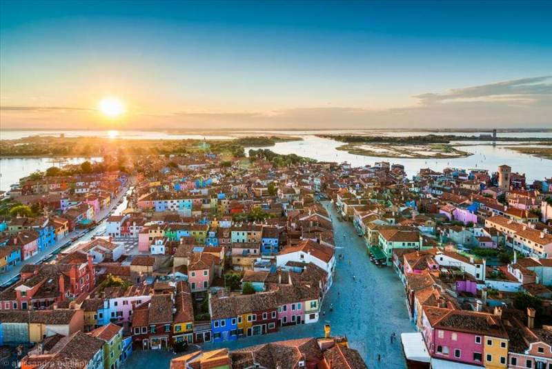 View over Burano Island in Venice Lagoon at sunset.