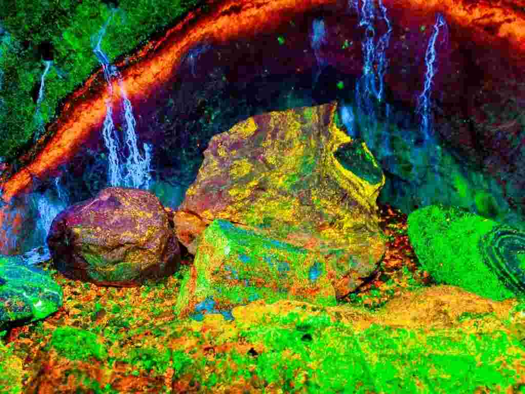 Fluorescent rocks in Sterling Hill zinc mine, New Jersey.