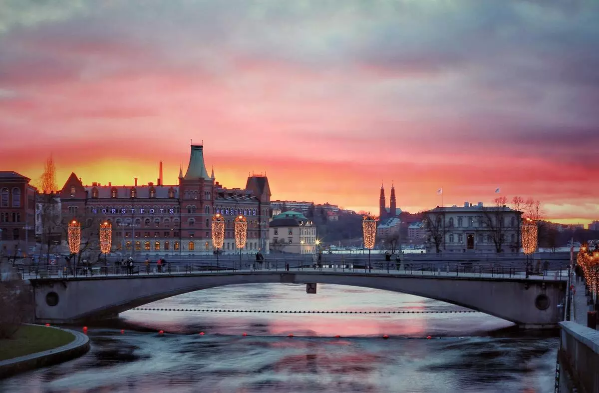 Beautiful sunset over city in northern Europe in December.