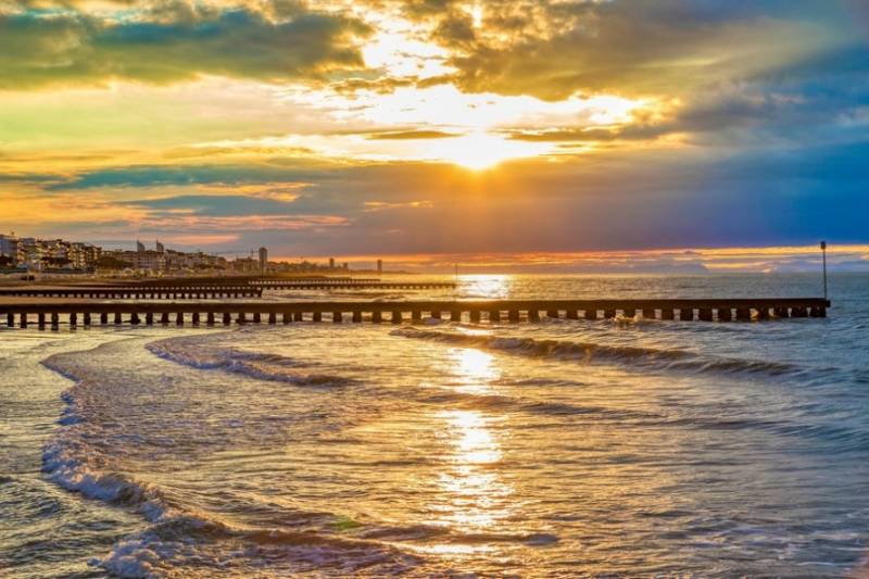 Sunrise over the sea at Jesolo in Venice Lagoon, Italy.