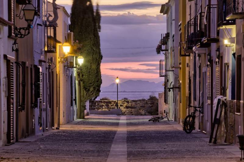 Tabarca Island village street at twilight on the Costa Blanca.