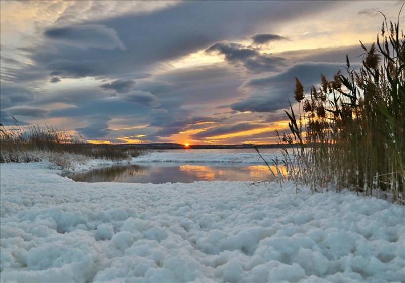 Salt on La Mata and Torrevieja lagoons at sunset, Costa Blanca.