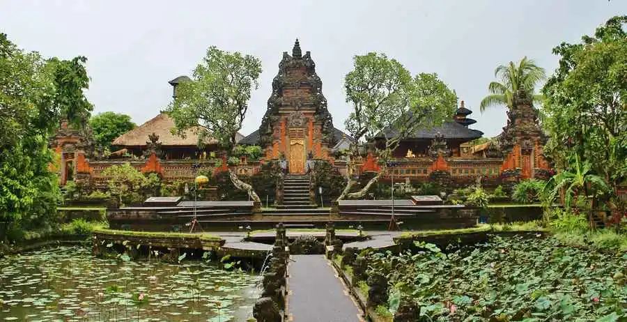 Lotus pond in front of Balinese temple in Ubud.