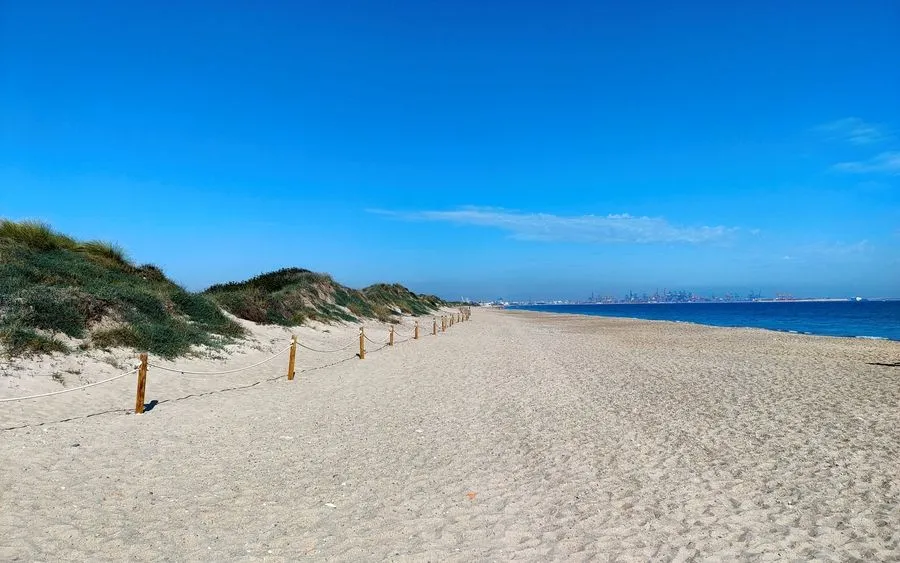 Las dunas y la arena dorado de Playa de El Saler junto el Mar Mediterraneo.