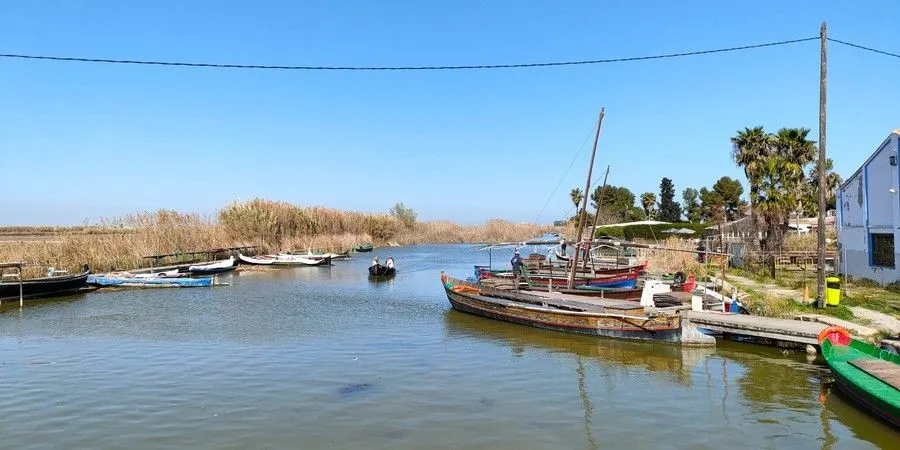 Una canal de la Albufera con tradicionales barcos de madera.