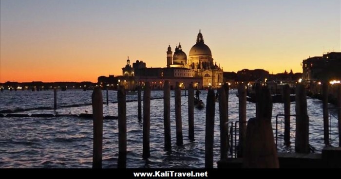 St Mark's Basilica seen from Venice lagoon at sunset