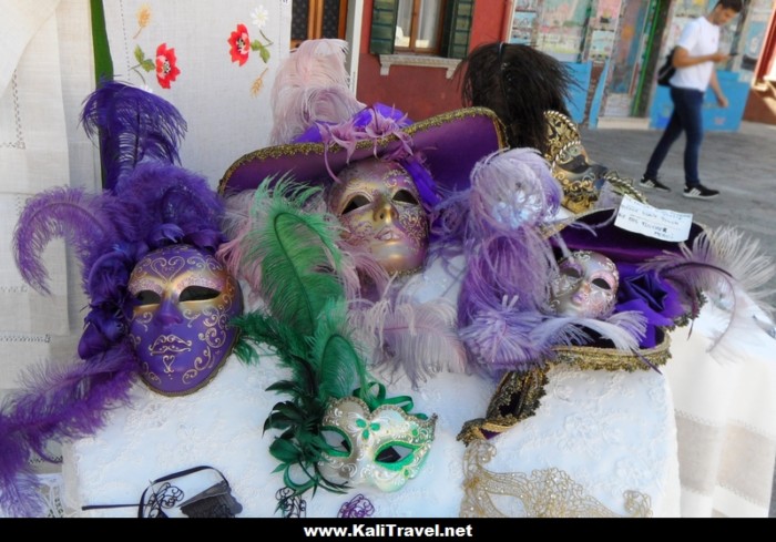 Feathery carnival masks and lacework on Burano Island, Venice Lagoon