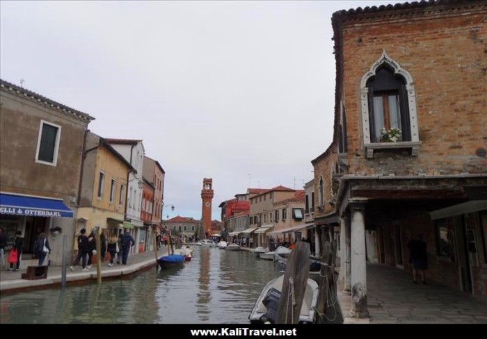 Ancient porticos over the pathway along Rio Dei Vetrai canal on Murano Island