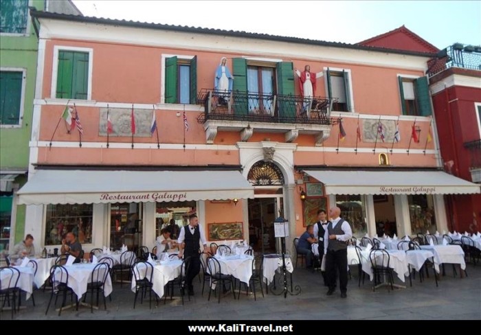 Ornate façade of Restaurant Galuppi on Burano Island, Venice Lagoon