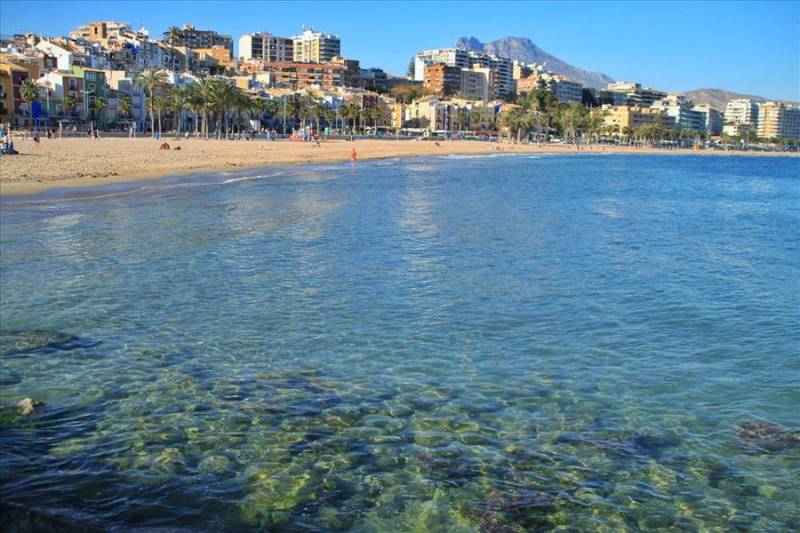 Villajoyosa cenrre beach seen from the Mediterranean Sea in Spain.