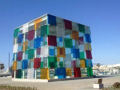 Yellow, red, blue and white art 'cube' feature on Málaga Pompidou Centre.