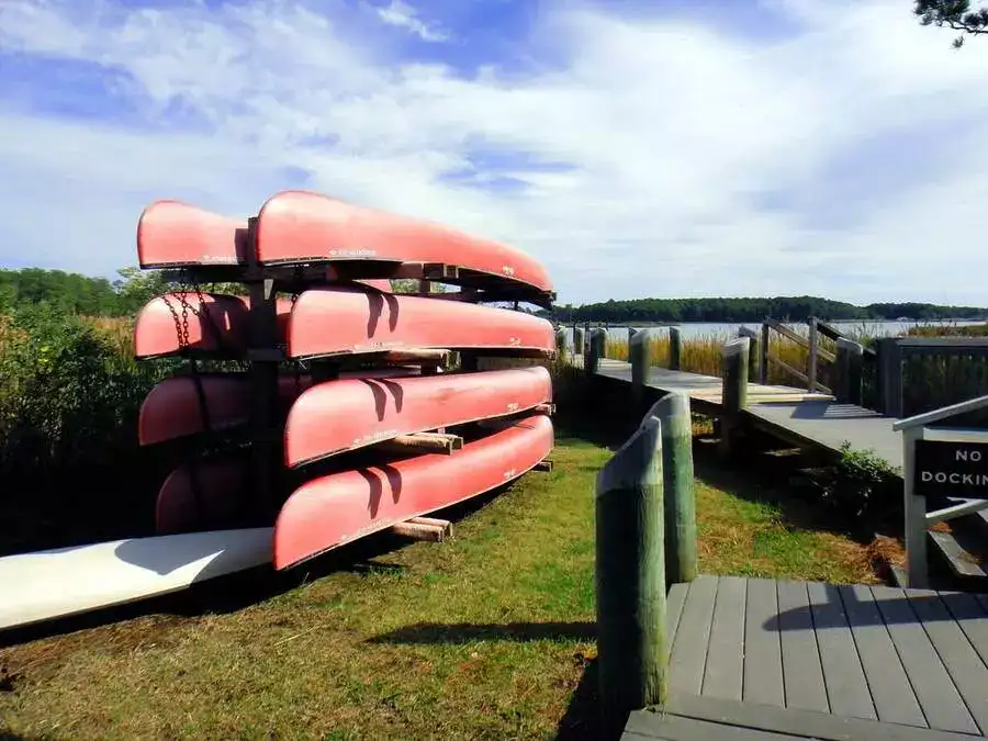 Kayaks beside a boardwalk in St. Mary's County.