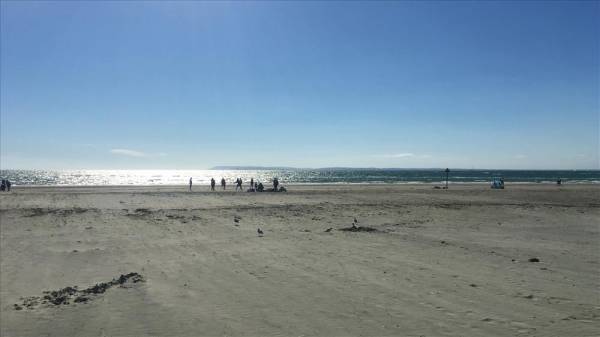 Long stretch of white sands at West Wittering beach in Sussex.