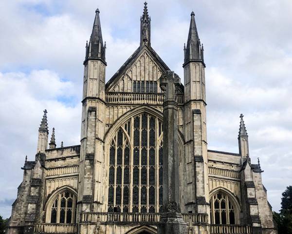 Front view of the cathedral in Winchester city, near London.